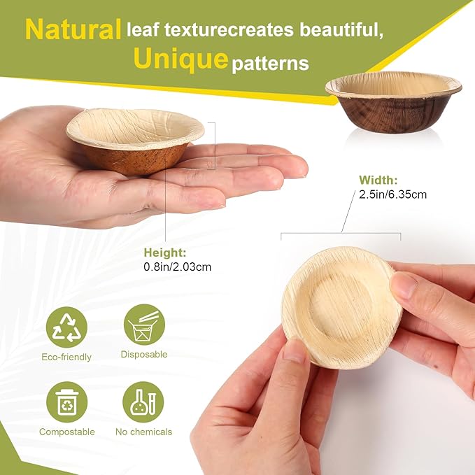400 Pcs Small Palm Leaf Dip Bowls 2.5 Inch Disposable Palm Leaf Round Mini Dip Bowl, All Natural and Compostable Small Bamboo Plates for Dips Soy Sauce Charcuterie Board and Finger Foods