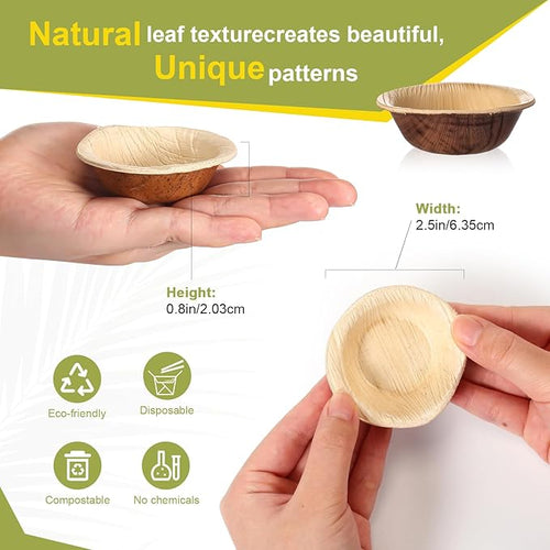 400 Pcs Small Palm Leaf Dip Bowls 2.5 Inch Disposable Palm Leaf Round Mini Dip Bowl, All Natural and Compostable Small Bamboo Plates for Dips Soy Sauce Charcuterie Board and Finger Foods