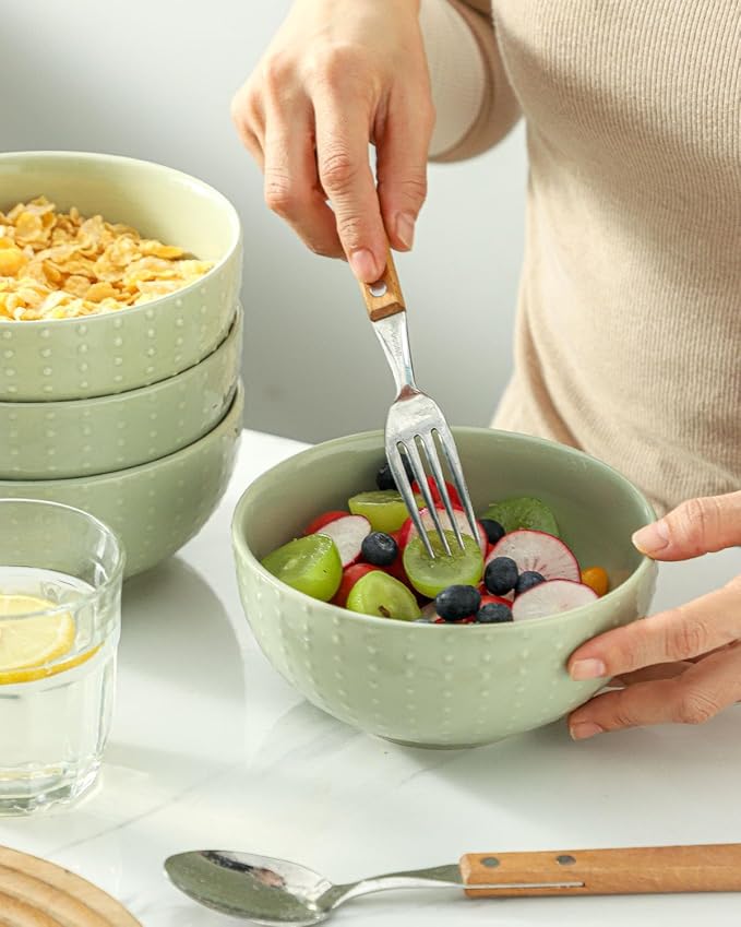HASENSE Cereal Bowls, 26oz Soup Bowls Set of 4, Embossed Stoneware Porcelain Cereal Bowls, Large Ceramic Soup Bowls for Cereal, Oatmeal, Fruit, Salad, Noodle, Microwave Dishwasher Safe, Green
