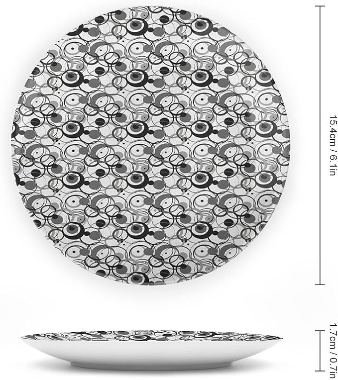 Decorative Plates, Abstract Print Ornament, Monochrome Circles Dots Surreal Geometric Modern, 8 Inch, Kitchen Wall Decor, Grey Black White