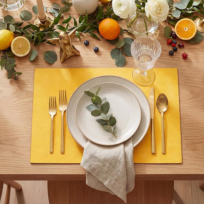Artoid Mode Yellow Faux Leather Placemats Set of 4, 12x18 Inch Waterproof Wipeable Heat Resistant Vinyl Place Mats, Reversible Table Mats for SummerKitchen Dining Decor