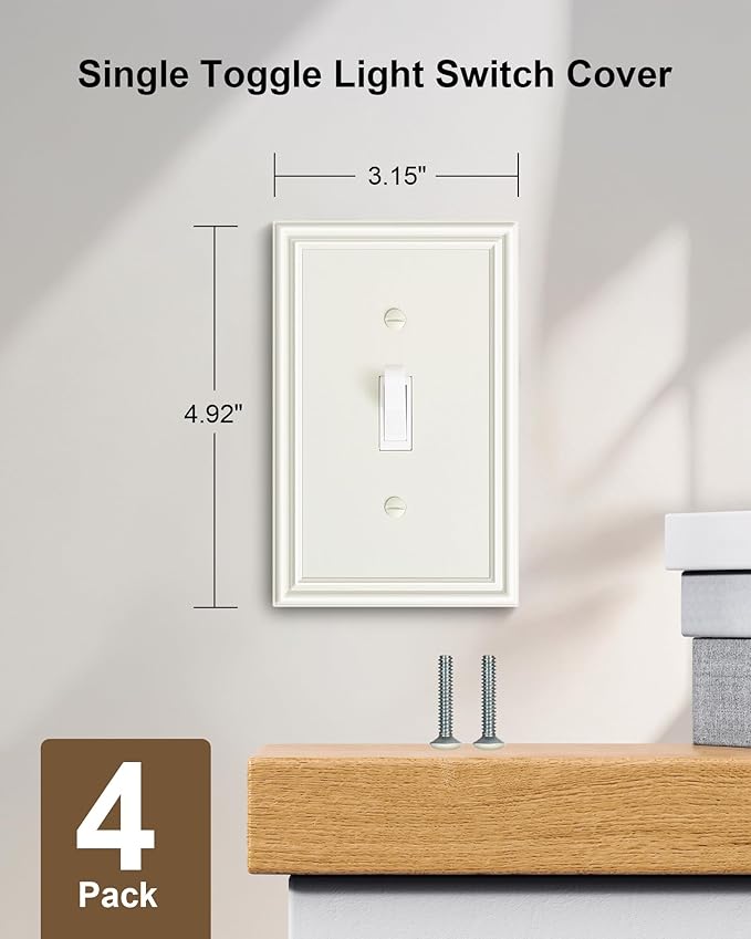 4-Pack Single Toggle Light Switch Cover Plate, Durable Solid Zinc Alloy Decorative Switch Plate Covers, Light Almond 1 Gang Wall Plate, Corrosion Resistant