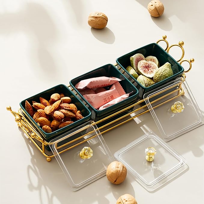 YA JU Ceramic small Snack bowl With Cover Metal Tray, 4 Removable dip bowls are used For Snack, potato chips, fruits, candies, and condiments - Perfect for birthday, parties, Holiday, gift，Green