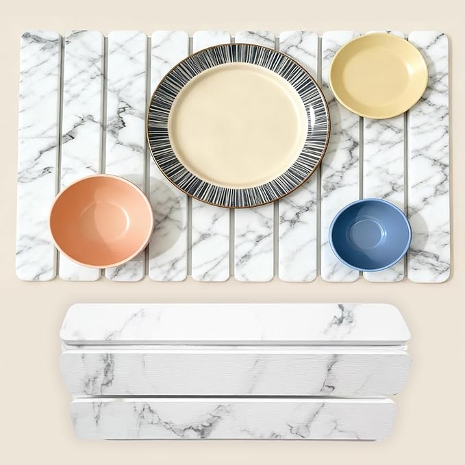Large Stone Drying Mat for Kitchen Counter, Collapsible Dish Drying Mat Quick Drying Super Absorbent Diatomaceous Earth Mat, Drain Pad for Dishes Bottles Cups Match Any Countertop 24" x 16"
