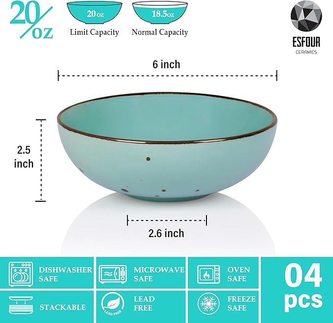 Esfour Round Porcelain Bowls - 20 Ounce - Set of 4 - Microwave, Oven, Dishwasher-Safe, Scratch Resistant, Porcelain Durable Small Dishes Bowls for Cereal, Salad, Pasta, Soup, Dessert - Assorted Vivid