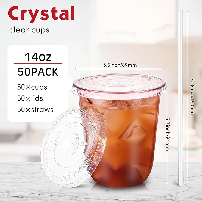 50 Sets Clear Plastic Cups with Lids and Straws, Disposable Iced Coffee Cups Drinking PET for Cold Drinks, Juice, Smoothie, Coffee Shops, Party, Christmas (Pink,14 oz)