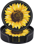 Coasters for Drinks PU Leather,Set of 6 with Holder,Round Housewarming Gift Home Decor,Black Watercolor Sunflower