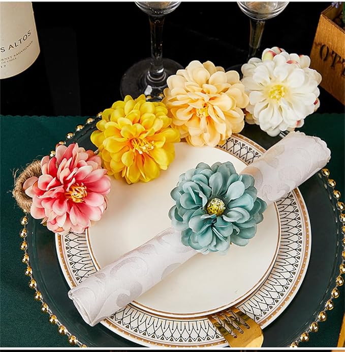 Floral Napkin Rings Set of 6,Rustic Rose Napkin Rings Flower Dinner Napkin Holder for Table Decoration (34#Champagne)