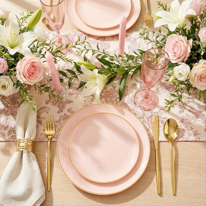 I00000 150 PCS Pink Plastic Plates for Party,Heavy Duty Pink Disposable Plates,Gold Dinnerware Set Include 30 Dinner Plates,30 Dessert Plates,30 Gold Plastic Silverware Set for Valentine's Day