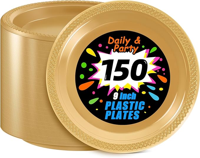 WELLIFE Gold Party Plates 9 Inch -150 Count, Disposable Plastic Dinner Plates for Party Dessert Cake Wedding Engagement Birthday