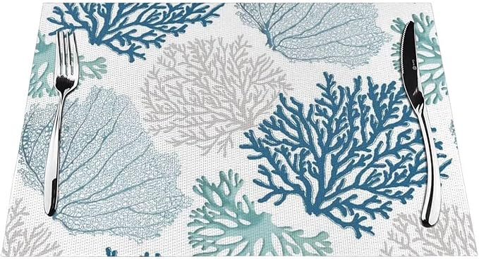 Placemats Set of 6 Nautical Blue Coral Place Mats Coastal Teal Beige Coral Woven Table Mats Washable Ocean Theme PVC Placemat for Dining Kitchen Decor Indoor Outdoor, 12 x 18 Inch