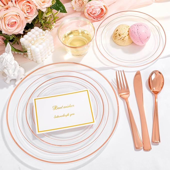 bUCLA 150PCS Clear Rose Gold Disposable Dinnerware set - Rose Gold Plastic Plates Include 25 Dinner / 25 Dessert Plates, 25 Knives, 25 Forks, 25 Spoons, 25 Cups for Party, Wedding & Valentines Day