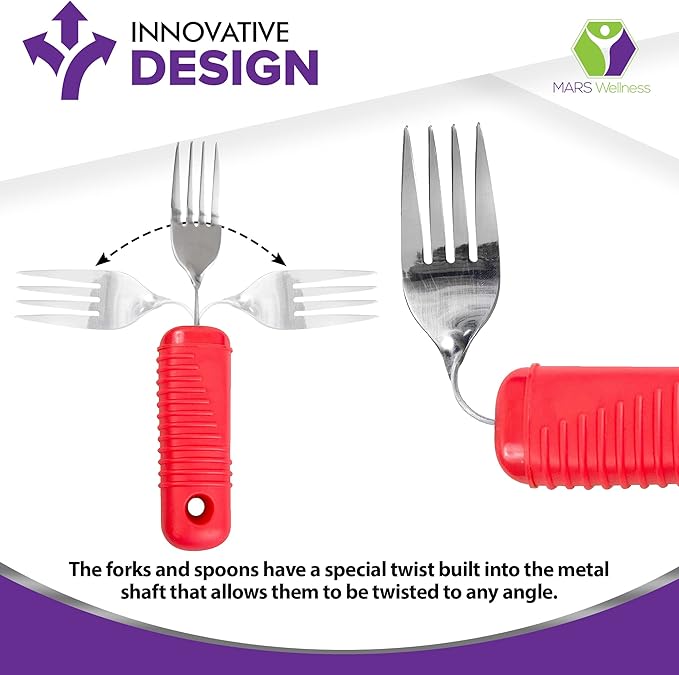 3 Piece Super Easy Grip Red Flatware Set - Bendable Built Up Large Fork, Knife, and Spoon - Red