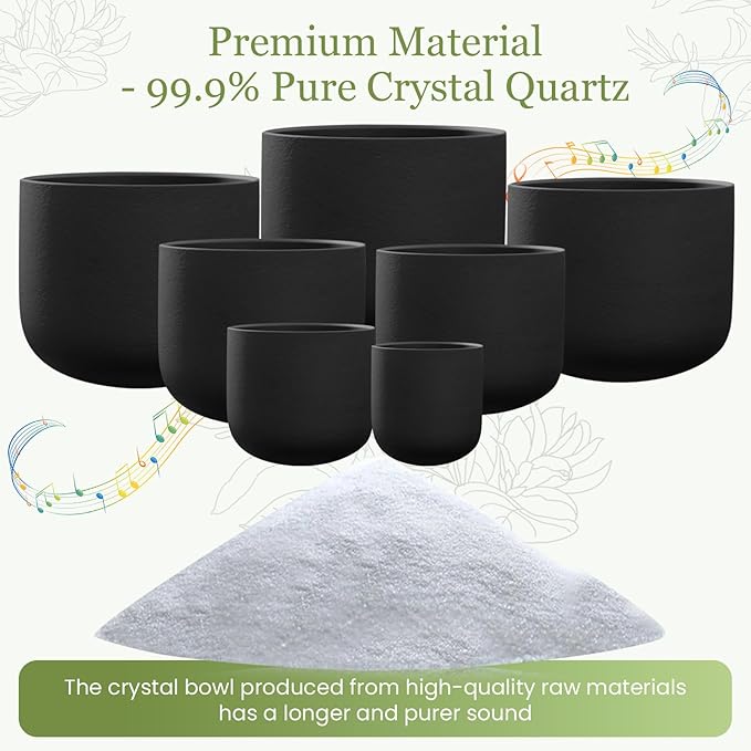 432HZ 6-12 Inch 7 Pcs Black Frosted Crystal Singing Bowl Set for Meditation Healing Yoga Chakra Quartz Crystal Sound Bowls with Heavy Duty Carry Cases and Rubber Mallet,Suede Striker,O-rings