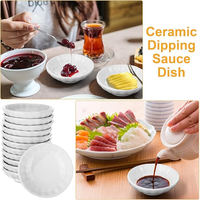 Mimorou 50 Pcs Soy Sauce Dish White Dipping Bowls Bulk, 1.2 oz Asian Small Sauce Bowls for Sushi, Ketchup, Vinegar, Olive Oil, Soy, Spices, BBQ Chip and Dip Serving Bowl Set Gift (Flower)