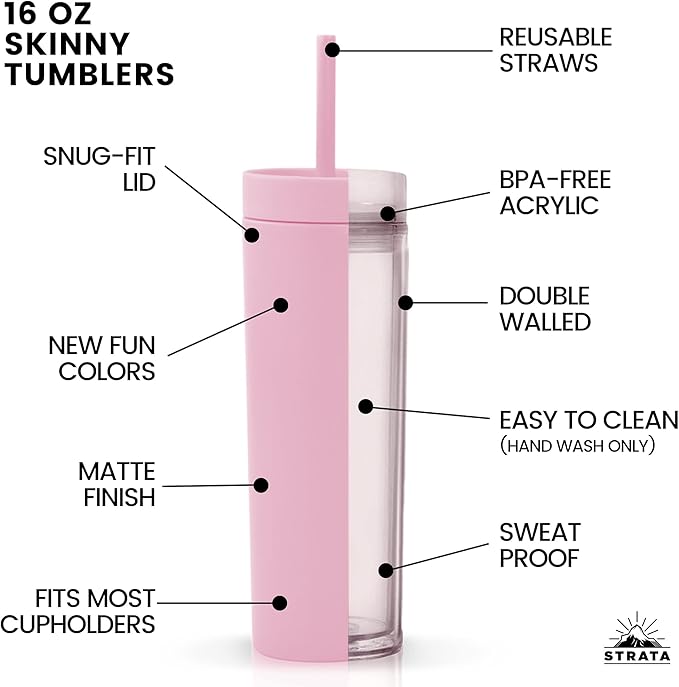 STRATA CUPS Pink Skinny Tumblers with Lids and Straws (12 pack) - 16oz Double Wall Acrylic Tumbler, Tall Matte Skinny Tumblers, Bulk with Free Straw Cleaner, Reusable Cups