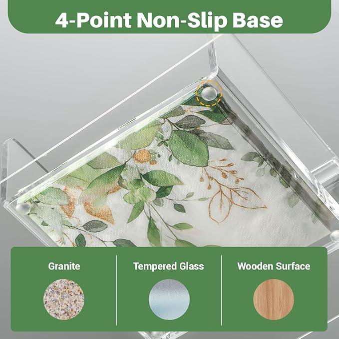 Acrylic Cocktail Napkin Holder, 5.5"x5.5" Clear Square with Weighted Arm & Non-Slip Base, Sleek & Stable Flat Napkin Holder for Bar Cafe Restaurant Kitchen Dining Table
