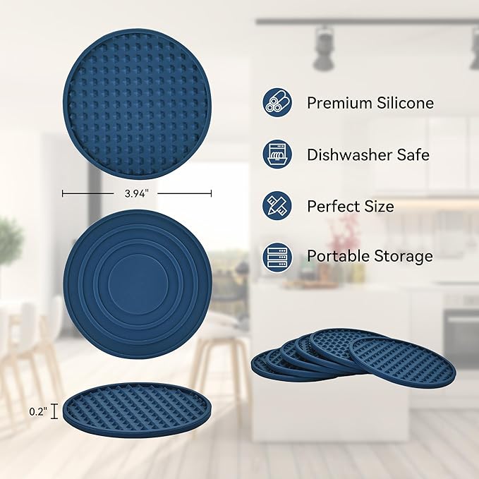 Coasters for Drinks, Silicone Coasters Set of 12 with ABS Holder, Outdoor Coaster for Coffee Table, Non-Slip Rubber Table Cup Mat Desk, Heat Resistant & Scratch-Proof (Navy Blue)