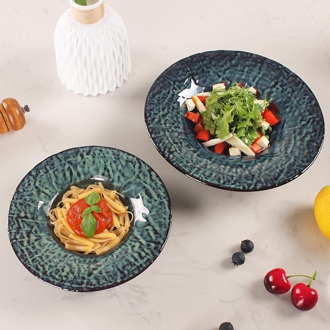 Ceramic Pasta Bowls, 6.8 oz Pasta Plates, Reactive Glaze Pasta Bowl Set of 4, Large Wide Serving Bowls for Salad, Dessert, Fruit, Microwave & Dishwasher, Oven Safe