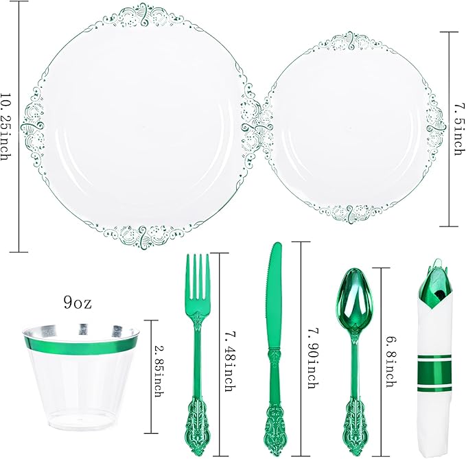 Hioasis 175pcs Clear and Green Plates - Green Party Plates for 25 Guest, Include 50 Heavy-duty Plates(20% Thicker Than Standard), 25 Pre Rolled Gold Plastic Silverware Set, 25 Cups for St. Patrick's D