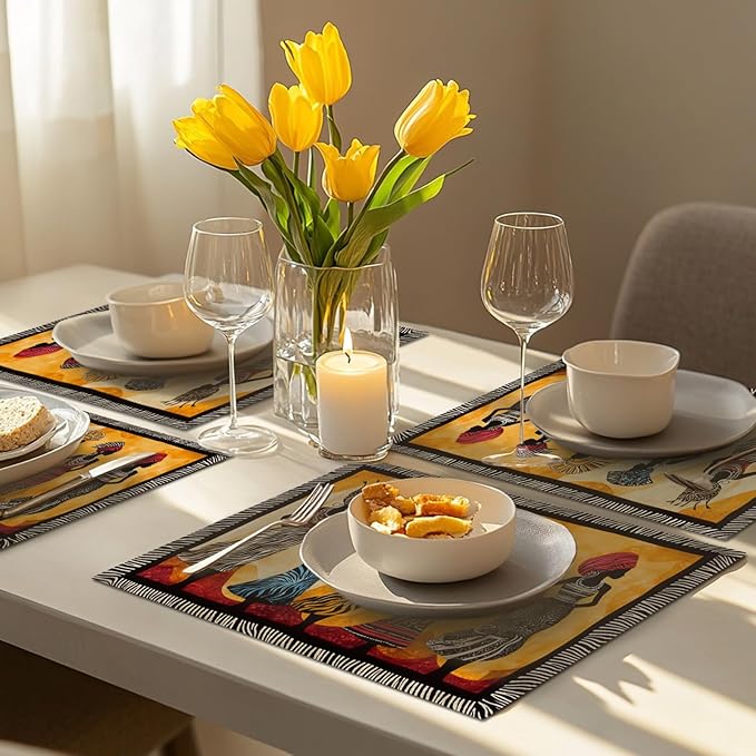 Kwanzaa Placemats Set of 6, African American Christmas Table Mats, Black Women Washable Place Mats for Coffee Bar Home Party Indoor Kitchen Dining Table Decoration 12x18 Inch