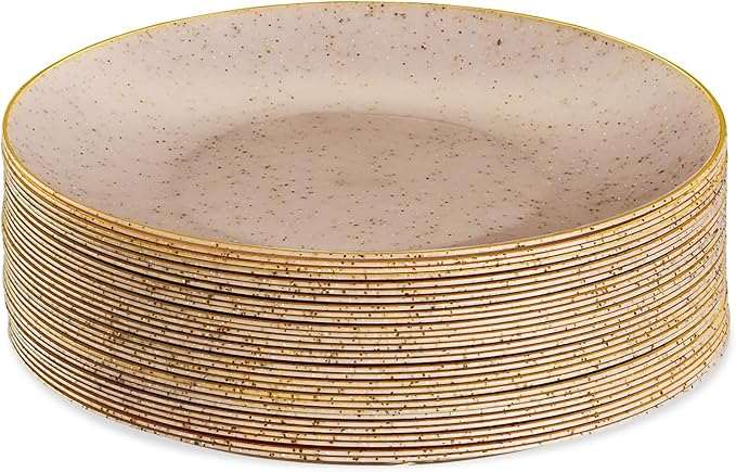 PLASTICPRO 30 Pack Disposable Plastic Plates Heavyweight Granite Look Elegant 7 inch Dinner Plates Pink with Gold Rim