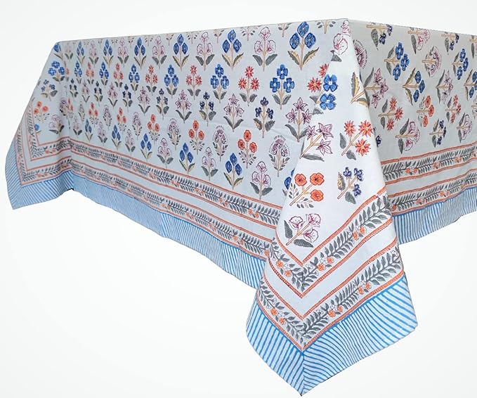 ATOSII Flora Bloom 100% Cotton Rectangle Boho Fall Tablecloth, Handblock Floral Table Cloth Linen for Kitchen Dining I Parties Wedding Outdoors Christmas Thanksgiving I 72 X 140 Inches I 12 Seater