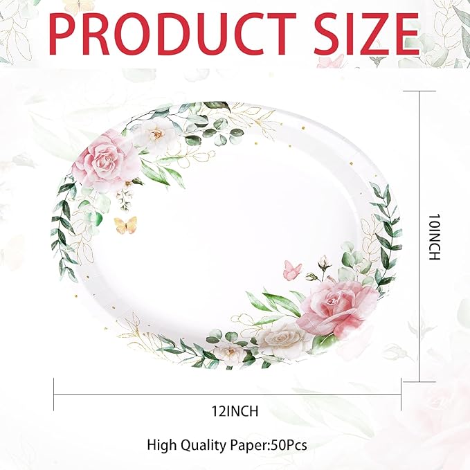 50Pcs Spring Floral Oval Paper Plates 10"x12" Large Disposable Watercolor Eucalyptus Leaf Dinner Platters Heavy Duty Sage Greenery Pink Flower Plates for Summer Baby Shower Bridal Shower Wedding Decor