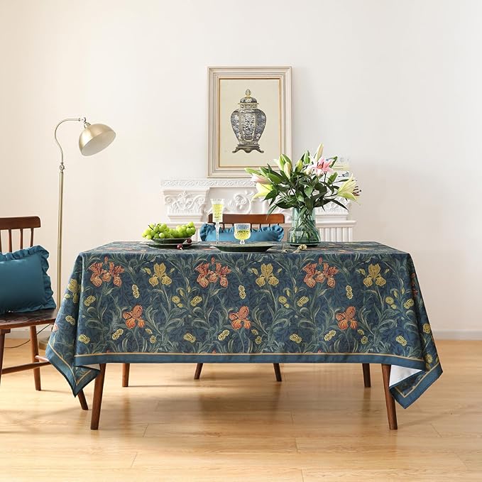 patdrea Designer Dark Blue Linen Rectangle Tablecloth,Vintage French Rustic Floral Pattern Tablecloths,Decorative Table Cover Cloth for Kitchen,Dining,Tea Party,Home,Christmas,55"*71"