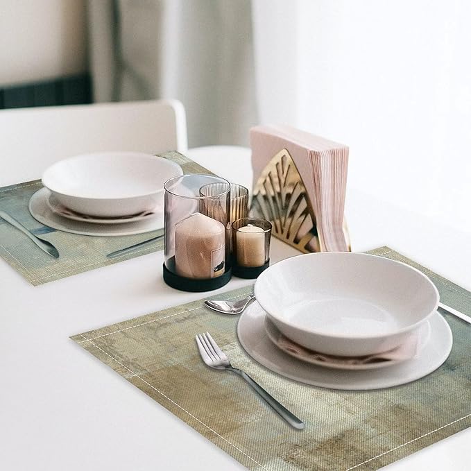 Gradient Placemat Set, Modern Minimal Fashion Abstract Beige Brown Blue Art Oil Painting Brush Strokes Patchwork Pattern Home Decor Linen Table Mats for Dining Room Kitchen Party (17x12in) x6P