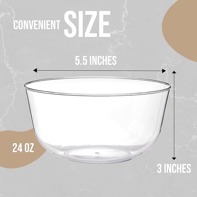Trendables 24 oz Plastic Bowls Set - Fancy Serving Bowls - Perfect for Ice Cream, Salad, Candy - Disposable (10, Clear Silver Rimmed)