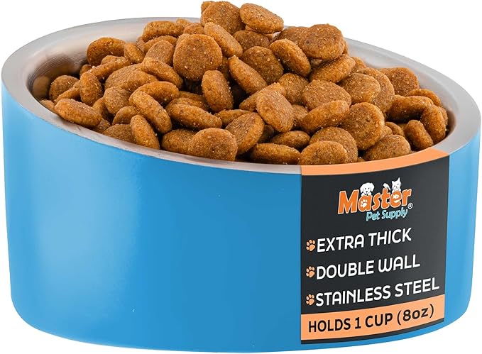 Master Pet Supply Stainless Steel Slanted Dog Cat Food Bowl - 8 oz Heavy Duty - True Blue, Double Wall Insulated, Non-Slip Elevated Bowl for French Bulldogs Pugs Cats, Anti Rust Dishwasher Safe