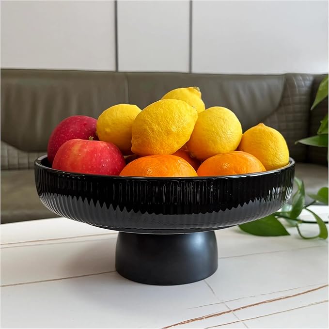 Ceramic Fruit Bowl,11" Black Fruit Bowl for Kitchen Counter, Pedestal Bowl, Kitchen Counter Décor, Key Holder Bowl, Extra Large (Black)