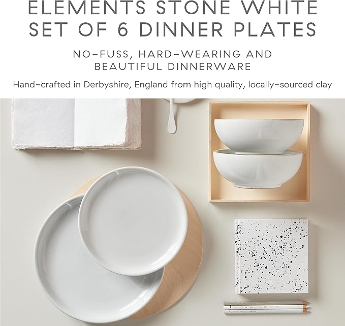 Denby - Elements Stone White Coupe Dinner Plates Set of 6 - Dishwasher Microwave Oven Safe - Scratch Chip Resistant - Large Ceramic Stoneware Dinnerware Plates Set
