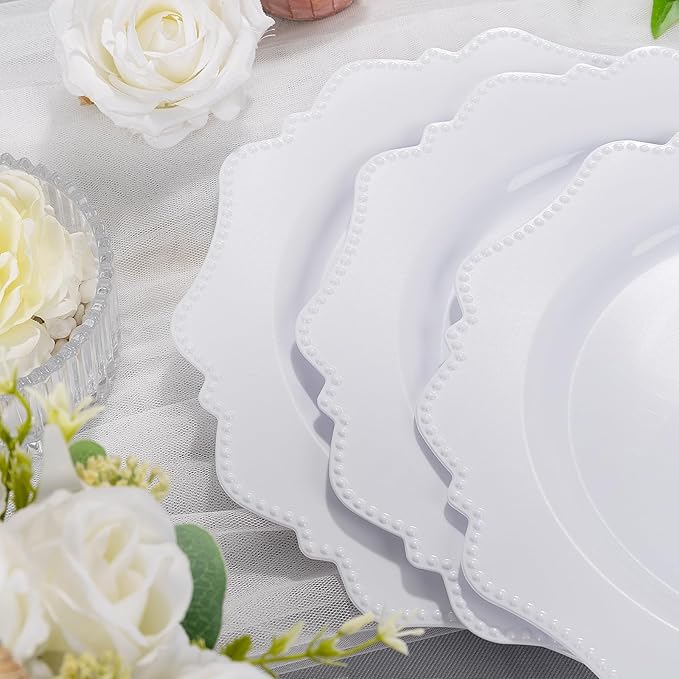 COLOSUS 100pcs 9.5 Inch-White Plastic Dinner Plates, Fancy White Plastic Plates,Heavy Duty Disposable Dinner Plates for Party Thanksgiving and Everyday Use