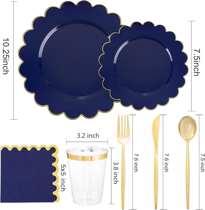 LIYH 210 Pcs Navy Blue Plates - Blue and Gold Plastic Scalloped Heavyduty Plates Disposable Dinnerware set, Gold Plastic Silverware for Wedding & Party 30 Guests
