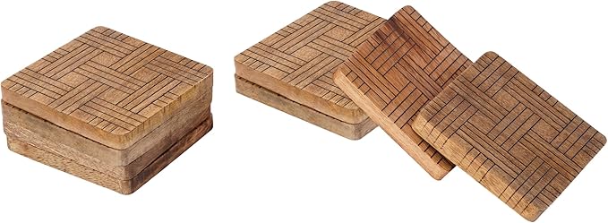 Set of 4 Wood Coasters - Natural Mango Wooden Coasters for Drinks, Beverages, Wine Glasses & Bar Glasses - Rustic & Durable Drink Coasters - Coaster Set for Home, Kitchen, Dining, Bar Decor