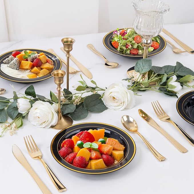 bUCLA 120 Pack Disposable Plastic Bowls 12oz - Black with Gold Trim Plastic Party Bowls for Salad, Soup, Dessert, Picnic, Catering, Ideal for Party & New Year