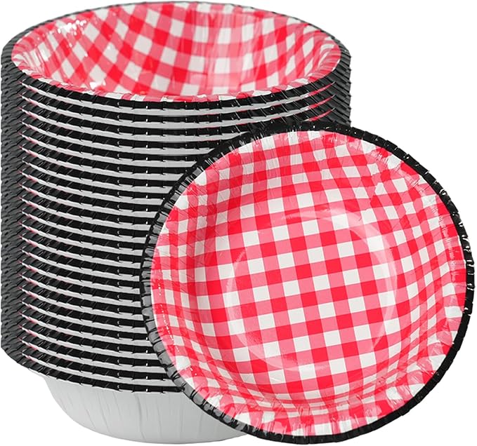 50 Pcs Small Paper Bowls 8 oz Red Gingham Bowls Disposable Microwave and Freezer Safe Checkered Bowl for Ice Cream, Snack, Salad, Buffalo Plaid Birthday Party Supplies (Red)