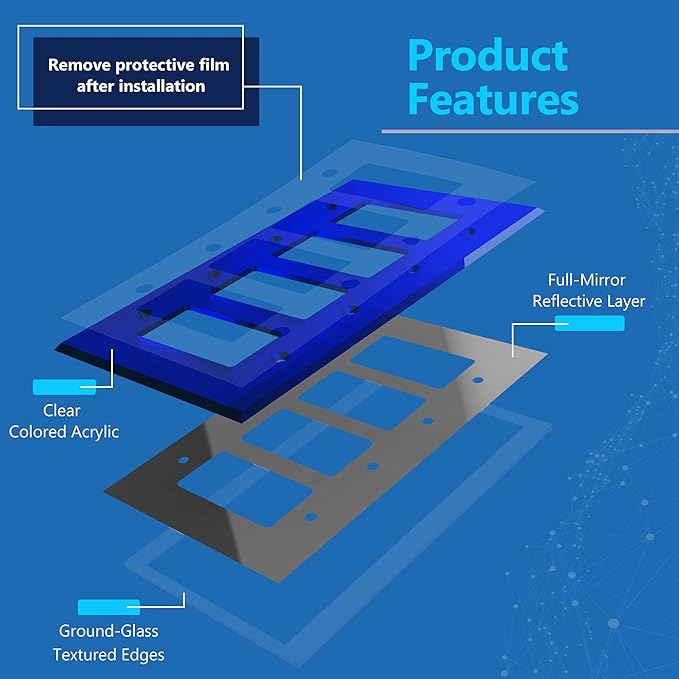 LIDER Reflective Acrylic Decorator Wall Plate, Mirrored Light Switch Plate, Plexiglass Outlet Cover, Acrylic Glass, Oversized 4-Gang 5.25" x 8.88", LWP-34O-ABL5P, Blue, 5 Pack