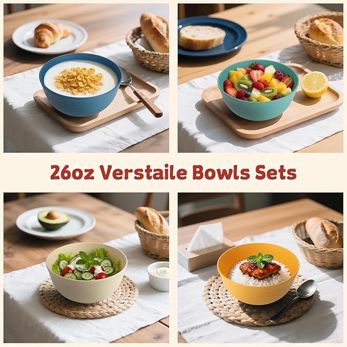 Wrova Wheat Straw Camping Bowls Sets of 6,Unbreakable 26oz Lightweight Bowls Sets for Outdoors Activity,Breakfast Bowls for Cereal and Salad.Vibrant Series