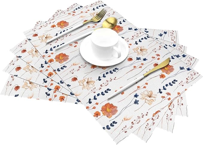 Watercolor Orange Floral Placemats Set of 4, Blue Orange Decorative Place Mats for Dining Tables Decor, Washable Linen Table Mats for Kitchen Spring Summer Outdoor Party Home Decor