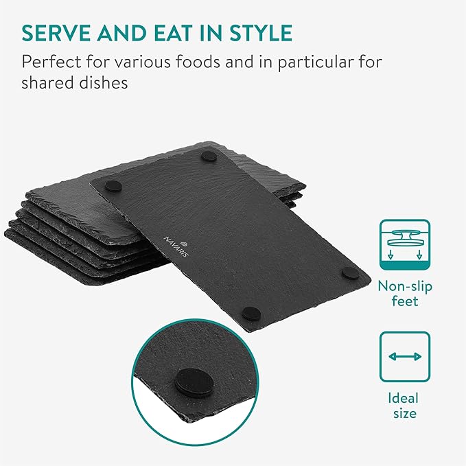 Navaris Slate Plates - Food Contact Safe Black Stone Plates - Cheese Platter Charcuterie Boards Serving Plates - Stone Slab Plate Cheese Board - Set of 6-9.1 x 5.9 (23 x 15cm)
