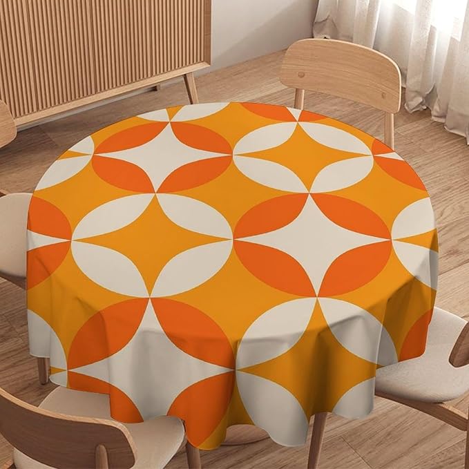 Retro Mid Century Round Tablecloth, Abstract Geometric Mid Century Colorful Pattern Print Tablecloth for Home Party Dining Room Kitchen Decor 70Inch(178cm)