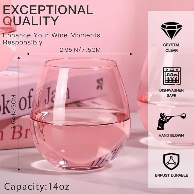 Pink Wine Glasses Set of 6-15oz -Colored Stemless Hand-Blown Wine Glasses, European Design Crystal Glass For Red & White Wine, Unique Gifts for Wedding, Birthday,Valentine's Day