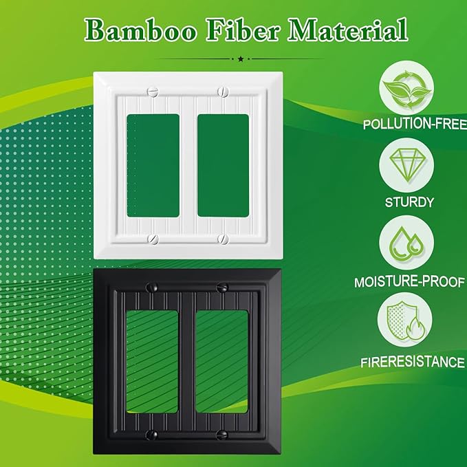 Beadboard Outlet Covers Wall Plates, Bamboo Fiber Light Switch Covers, Natural Material Electric Receptacle Decorative Switch Plate Outlet Cover (Pure White, 2 Gang Decorator 2 Pack)