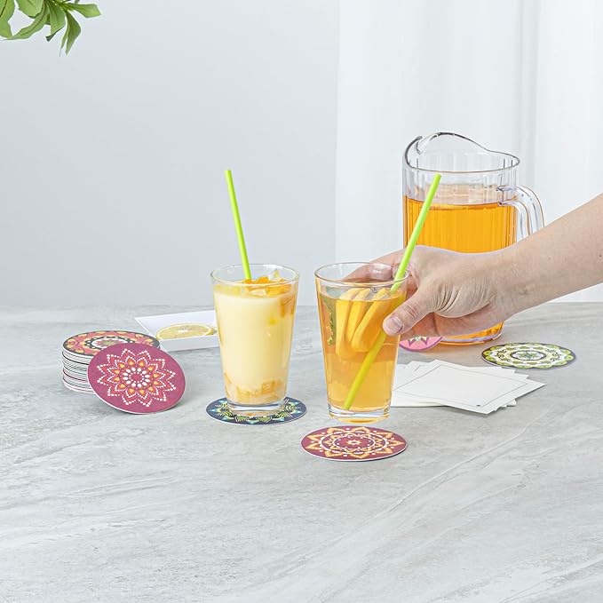 Restaurantware Paper Bar Coasters 480 Count 3.5 Inch Super Absorbent Beverage Coasters Pulpboard Assorted Design Drinkware Coasters Durable Paper Round Assorted