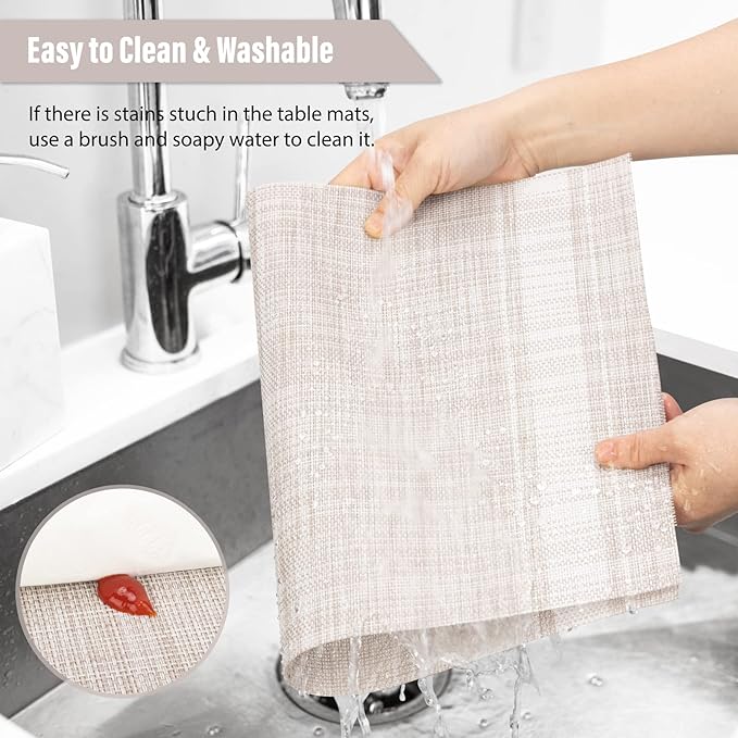 Winknowl Placemats Set of 8, Heat Resistant Non-Slip Vinyl Woven Table Mats for Dining Table, Washable Durable Elegant Place Mats for Kitchen Indoor/Outdoor Use (Beige White)