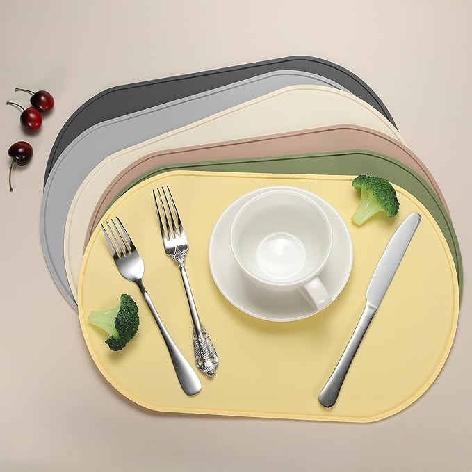 uxcell 2 Pcs Oval Silicone Placemat, 15.4" x 10.4" Non-Slip Washable Table Placemats Heat Resistant Waterproof Mat with High Edge for Table Kitchen Desk Protection, Red