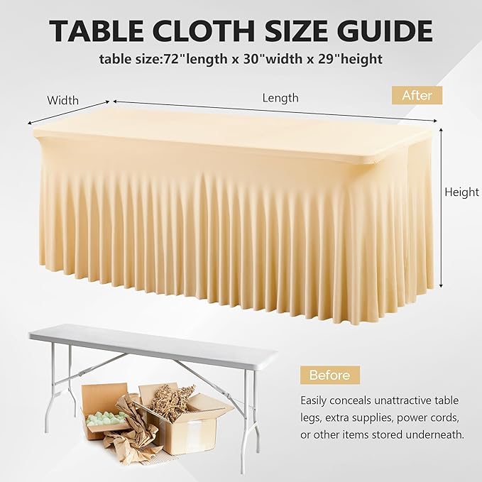 Wish Care 2 Pack Champagne Spandex Table Clothes for 6 Foot Rectangle Tables, 6FT Wrinkle Free Fitted Tablecloths Ruffles Design Table Cover for Party, Banquet, Wedding and Events